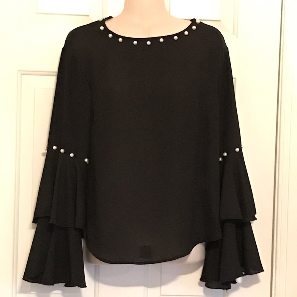 SHEIN pearl embellished tiered trumpet sleeve blouse